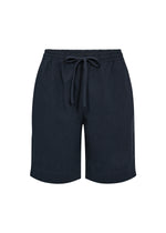 Load image into Gallery viewer, Navy cotton shorts with a drawstring on a white background