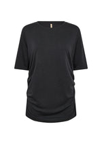 Load image into Gallery viewer, Black t-shirt with round neckline and side ruching.