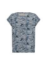 Load image into Gallery viewer, A blue t-shirt with a unique abstract print, featuring a round neckline and short sleeves.