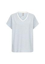 Load image into Gallery viewer, A striped V-neck T-shirt in white and blue with textured ribbed stripes and short sleeves.