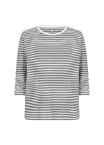 Load image into Gallery viewer, A gray and white striped three-quarter sleeve T-shirt with a round neckline.