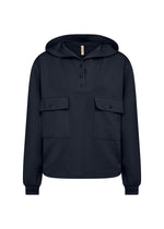 Load image into Gallery viewer, Navy blue hoodie with button hood and two front flap pockets.