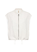 Load image into Gallery viewer, A sleeveless white waistcoat with a mandarin collar, zipper closure, and drawstrings at the waist.