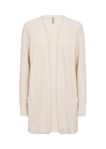 Load image into Gallery viewer, A beige, long-sleeved, open-front cardigan with side pockets.