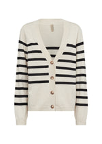 Load image into Gallery viewer, A beige cardigan with contrasting black stripes and a V-neckline, featuring front button closure and ribbed trim at the cuffs and hem.