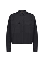 Load image into Gallery viewer, A black long-sleeved shirt with a classic collar and button closure, featuring two large chest pockets.