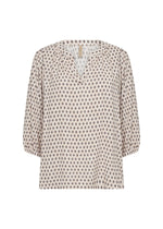 Load image into Gallery viewer, A beige and brown floral print blouse with a V-neckline and three-quarter sleeves.