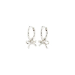 Load image into Gallery viewer, Silver hoop earrings with bow details on a white background
