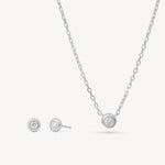 Load image into Gallery viewer, Silver bezel necklace and stud earrings set on a white background
