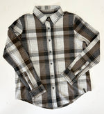 Load image into Gallery viewer, Plaid shirt with brown, gray, and white pattern on a white background