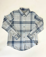 Load image into Gallery viewer, Plaid shirt with blue and gray pattern on a white background