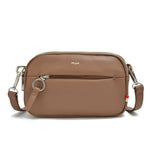 Load image into Gallery viewer, Taupe vegan leather crossbody bag with silver zippers on a white background