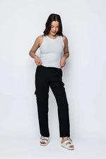 Load image into Gallery viewer, Woman's black cargo pants with drawstring cuff