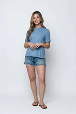 Load image into Gallery viewer, Blue woman's tee with round neckline and split seam