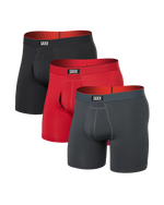 Load image into Gallery viewer, Three pairs of SAXX boxer briefs in black, red, and gray on a white background.