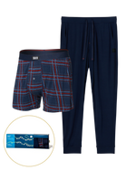 Load image into Gallery viewer, Navy plaid boxer briefs and pants with SAXX logo on a white background