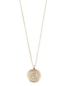 Load image into Gallery viewer, A double-sided gold-plated pendant necklace with a representation of the Gemini zodiac sign on one side and a starry constellation on the other, attached to a matching gold-plated chain.