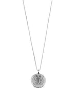 Load image into Gallery viewer, A double-sided silver-plated pendant necklace with a representation of the Gemini zodiac sign on one side and a starry constellation on the other, attached to a matching silver-plated chain.