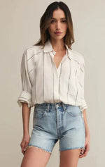 Load image into Gallery viewer, Women's white linen button shirt with grey stripes.