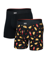 Load image into Gallery viewer, Two pairs of SAXX boxer briefs, one black with brand logo, the other with taco pattern.