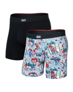 Load image into Gallery viewer, Two pairs of SAXX underwear, one black and one with a colorful hockey pattern, on a white background.