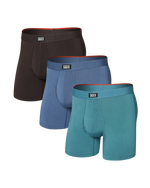 Load image into Gallery viewer, Three pairs of SAXX boxer briefs in black, blue, and teal on a white background.