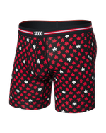 Load image into Gallery viewer, Red and white maple leaf patterned boxer briefs with SAXX branding on a black background