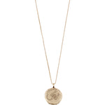 Load image into Gallery viewer, A gold-plated necklace with a double-sided pendant featuring a scorpion on one side and a constellation map with sparkling crystals on the other, representing the Scorpio zodiac sign.
