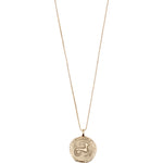 Load image into Gallery viewer, A gold-tone necklace with a double-sided pendant featuring the Capricorn sign, consisting of a goat motif on one side and a constellation map with sparkling crystals on the other.