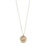 Load image into Gallery viewer, A gold-plated necklace with a double-sided pendant featuring the Aries sign symbol and a constellation map with sparkling crystals.
