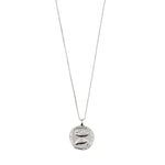 Load image into Gallery viewer, A Pisces horoscope necklace with a double-sided pendant featuring two fish on one side and a starry constellation on the other, set in a silver plated frame.