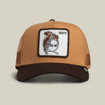 Load image into Gallery viewer, Brown trucker cap with a squirrel patch labeled 'NUTS' on a beige background

