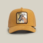 Load image into Gallery viewer, Amber brown  trucker hat with a goat patch on a beige background
