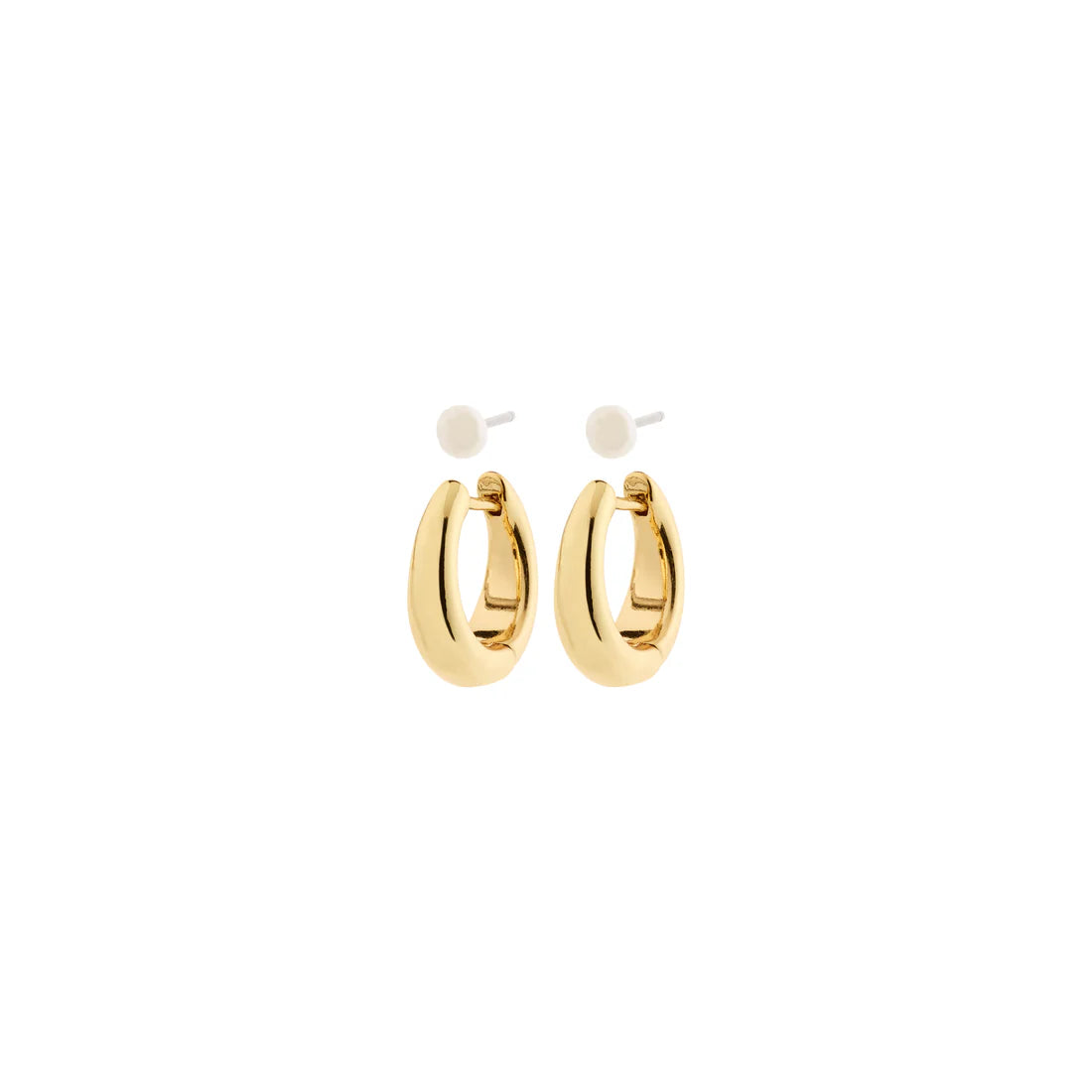 2-in-1 earring set combining classic freshwater pearl stud earrings with small, chunky huggie hoops in a shiny  gold-plated finish. 
