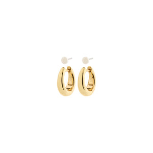 2-in-1 earring set combining classic freshwater pearl stud earrings with small, chunky huggie hoops in a shiny  gold-plated finish. 