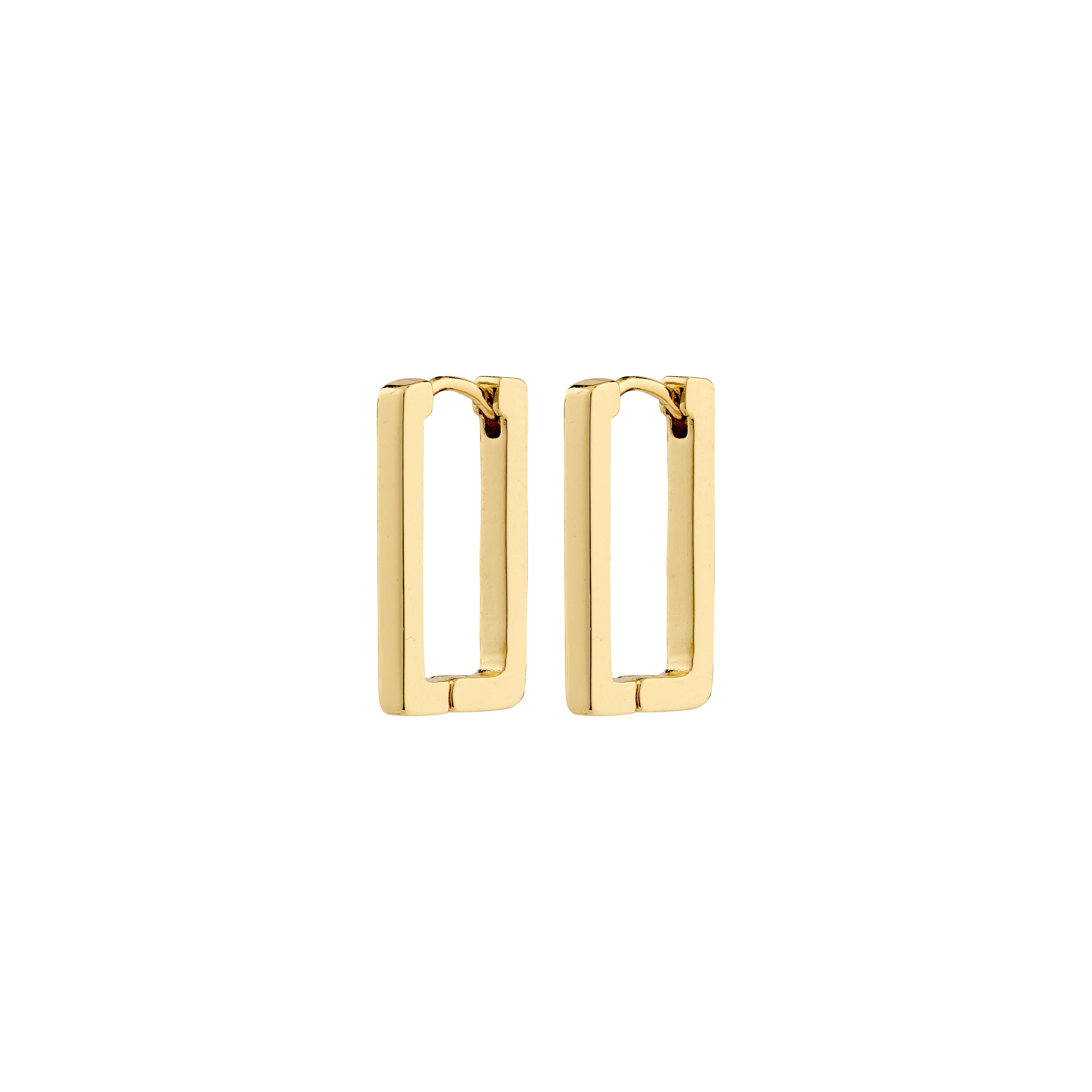 Gold rectangular hoop earrings on a white background