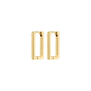 Gold rectangular hoop earrings on a white background
