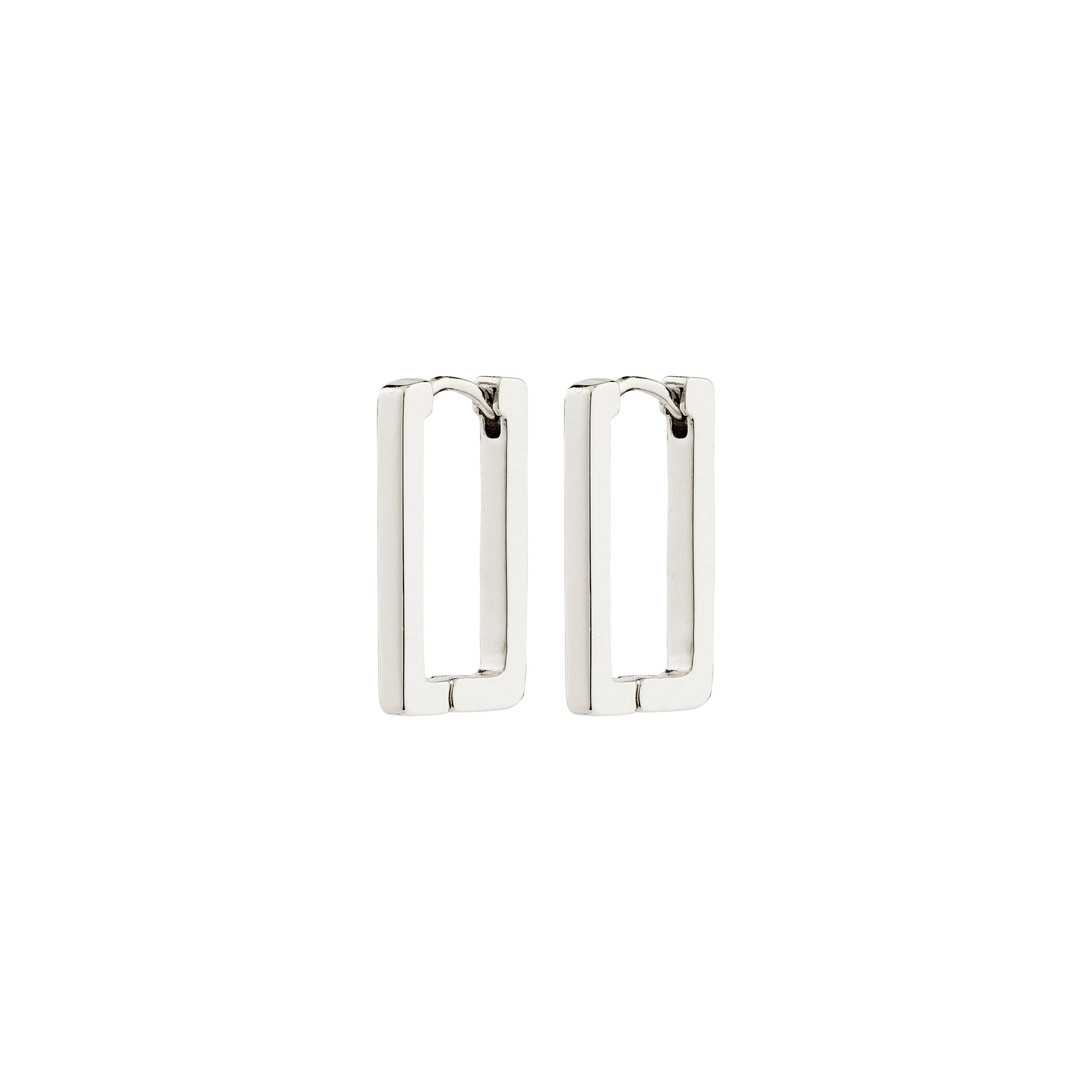 Pair of silver hoop earrings on a white background