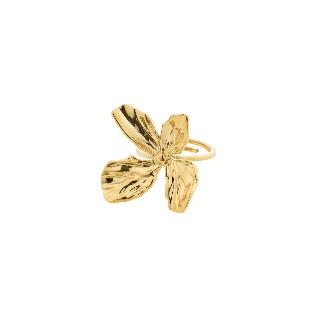 Adjustable gold ring with a eye-catching floral motif.