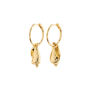 Gold hoop earrings with seashell pendant. 