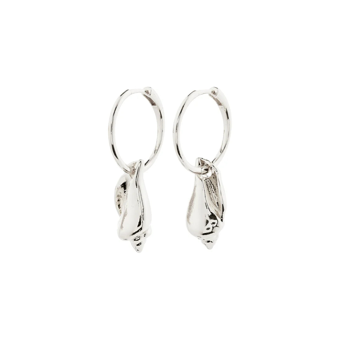 Silver hoop earrings with seashell pendant. 