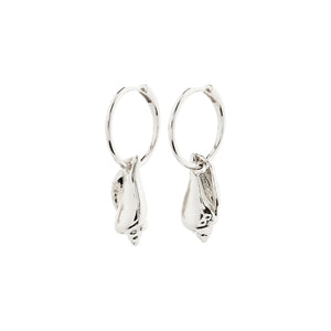 Silver hoop earrings with seashell pendant. 