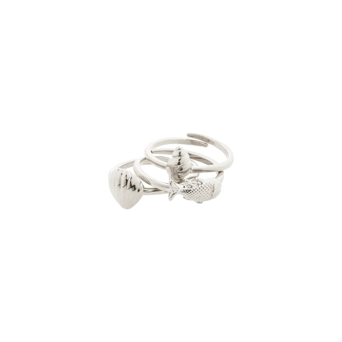 Set of three silver rings with fish designs on a white background