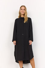Load image into Gallery viewer, Black, long sleeve midi shirt dress.
