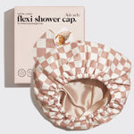 Load image into Gallery viewer, Checkered shower cap with satin lining and packaging on a light background
