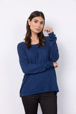 Load image into Gallery viewer, Dark blue sweater with round neckline and detailing at the cuffs. 
