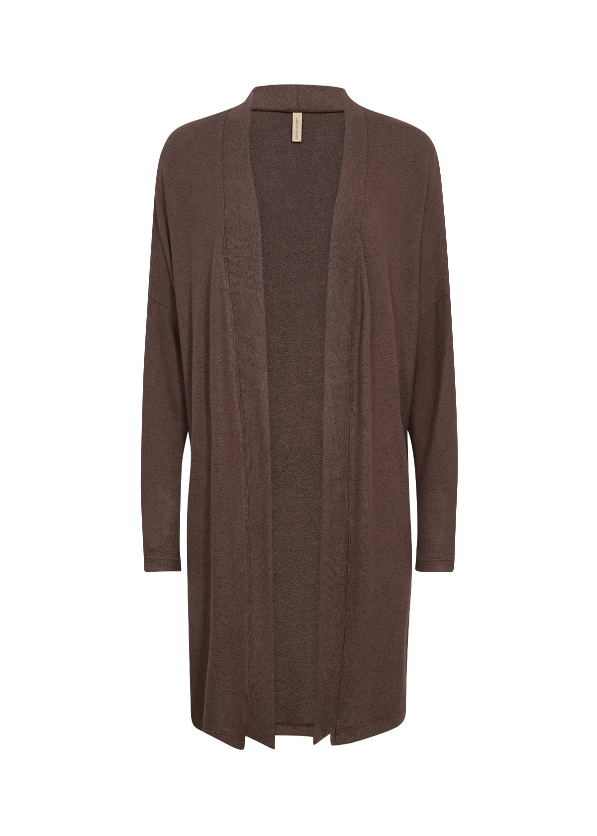 Brown open front cardigan on a white background