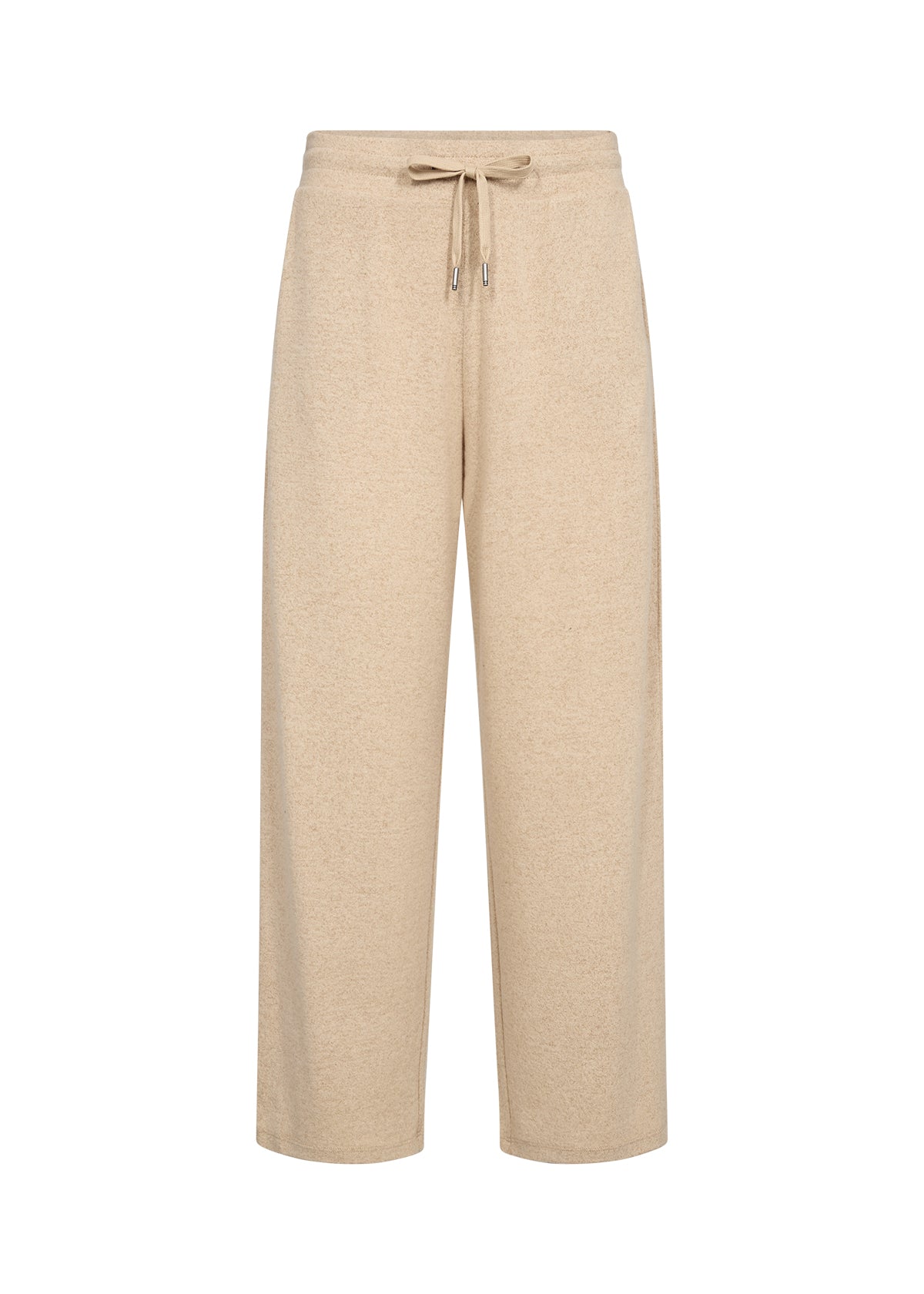 Beige straight leg pants with a drawstring on a white background