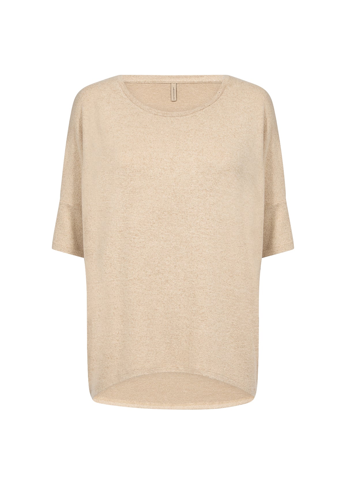 Beige sweater blouse featuring a relaxed fit, 3/4 sleeve, and round neckline. 