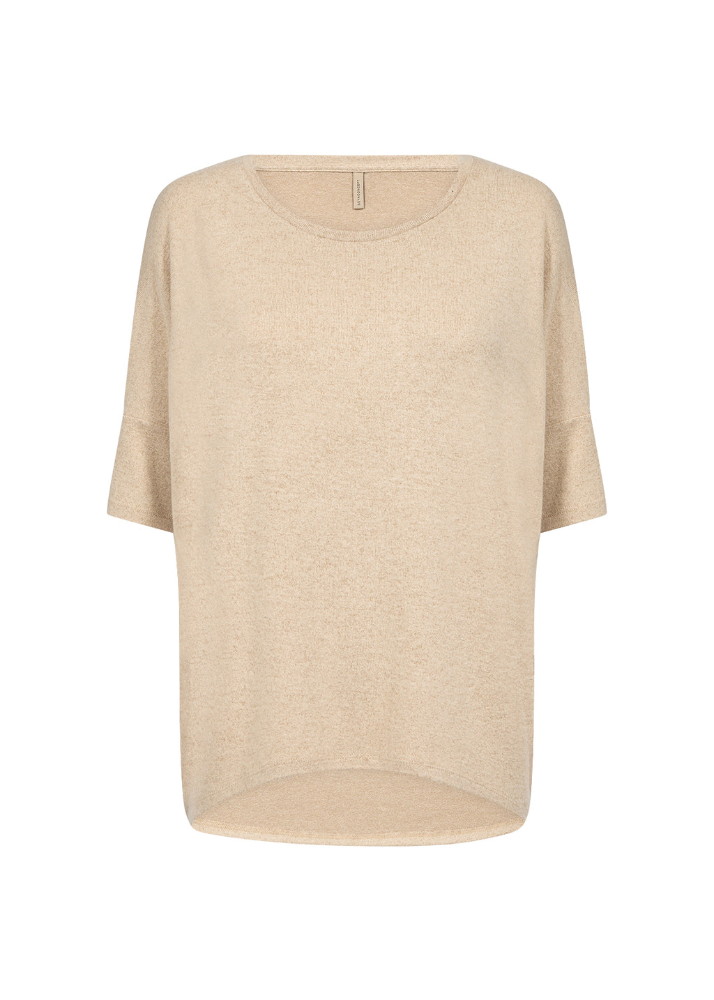 Beige sweater blouse featuring a relaxed fit, 3/4 sleeve, and round neckline. 